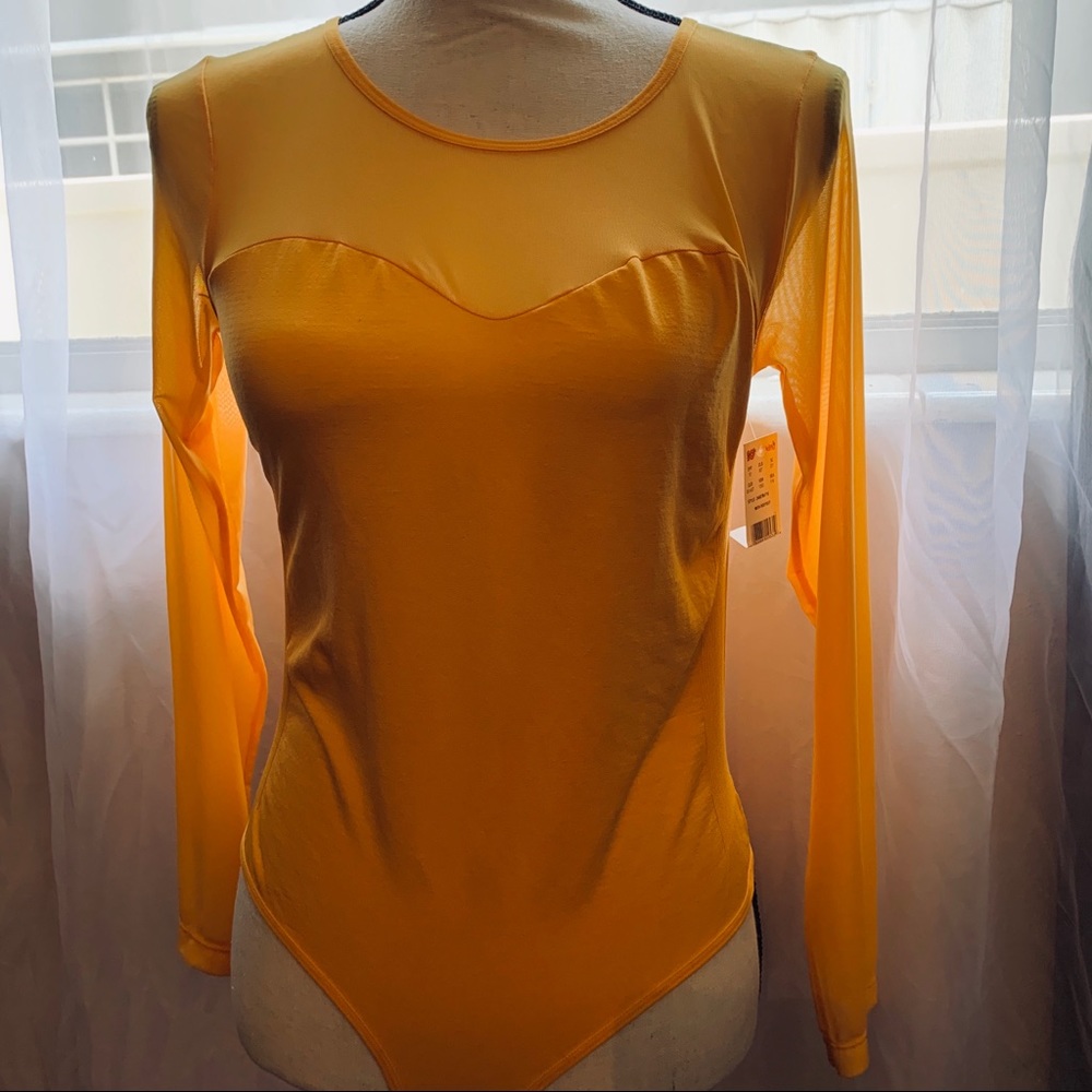 Yellow Sheer Top and  Sleeves Thong Bodysuit